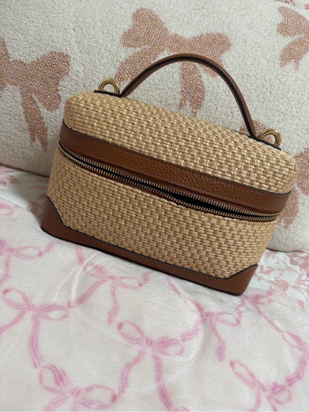 Cheval Woven Straw Top-Handle Box Bag in Tan with crossbody strap
